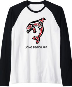 Long Beach, Washington Native American Orca Killer Whales Raglan Baseball Tee