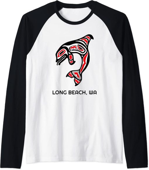 Long Beach, Washington Native American Orca Killer Whales Raglan Baseball Tee