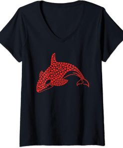 Womens Orcas Killer Whales Sea Ocean Love Heart Red Valentines Day V-Neck T-Shirt