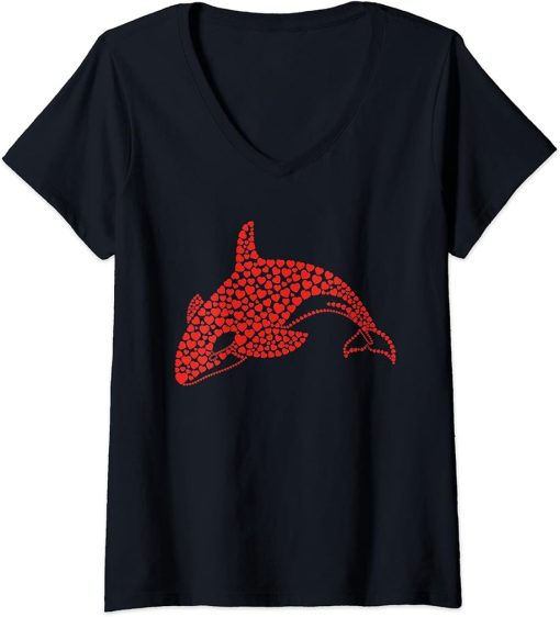 Womens Orcas Killer Whales Sea Ocean Love Heart Red Valentines Day V-Neck T-Shirt