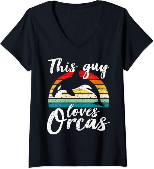 Womens Vintage Retro Orca Sunset Fun Killer Whale Gift For Fans V-Neck T-Shirt